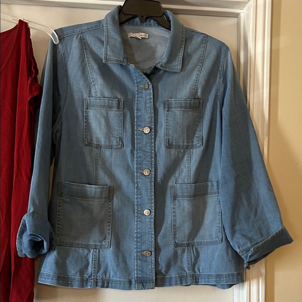 Bundle Buy Blue vintage Denim Jacket get free red Cold shoulder blouse